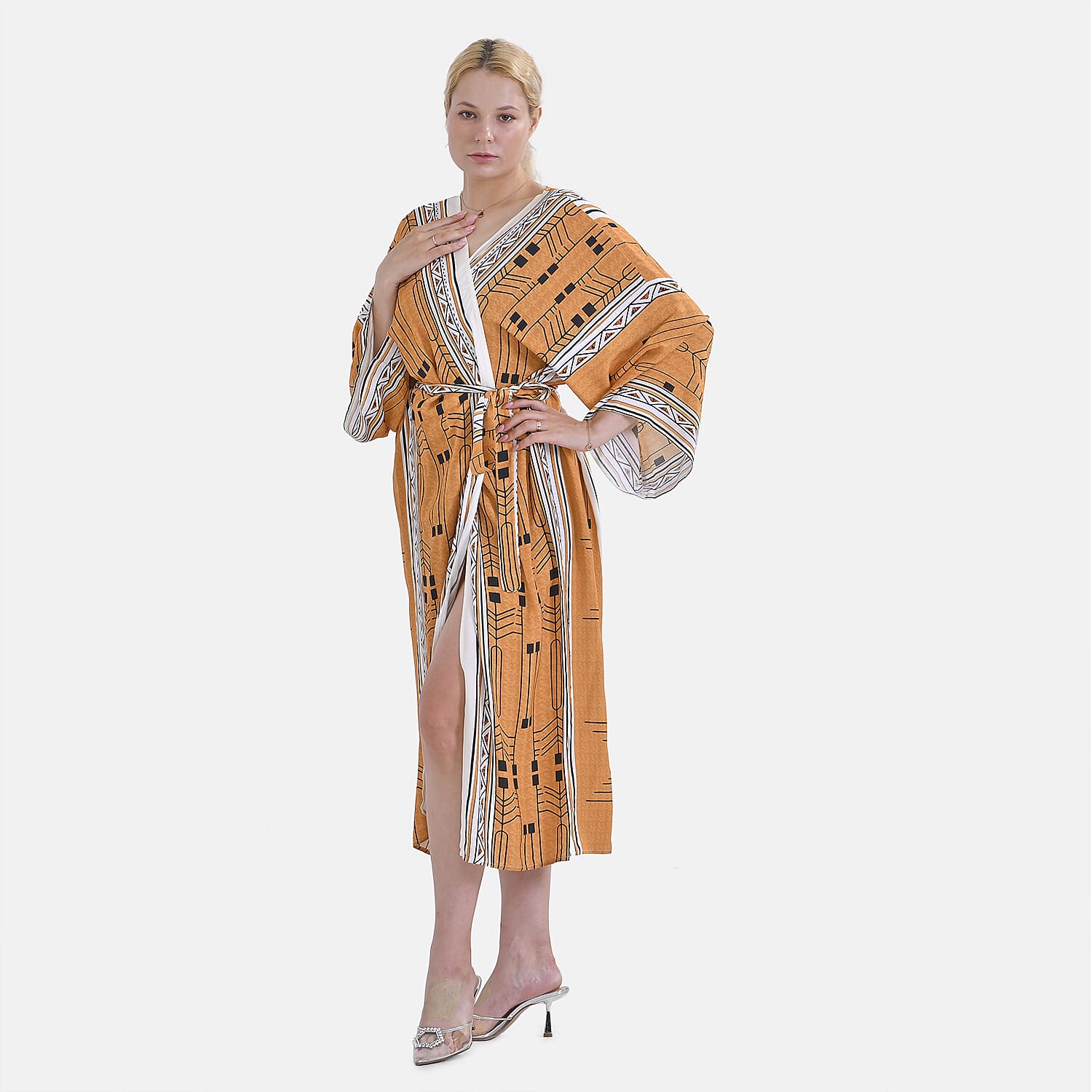 Closeout Deal- Stylish Long Sleeves Wrap Kimono with Geometric Stripe Print - Gold
