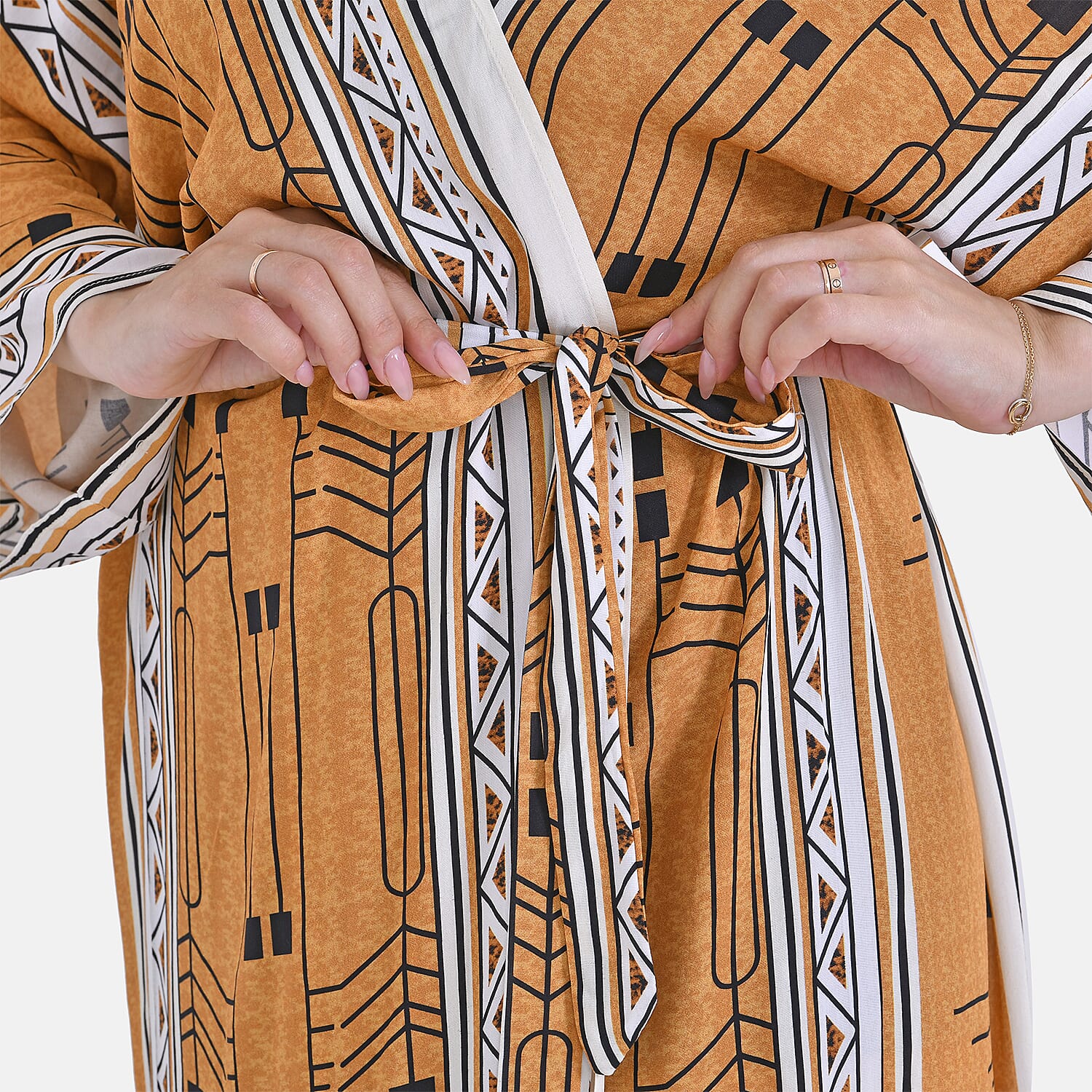 Closeout Deal- Stylish Long Sleeves Wrap Kimono with Geometric Stripe Print - Gold