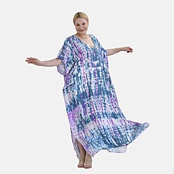 Closeout Deal  V-Neck Tie-Dye Stripe Pattern-Mid-Sleeve Dress