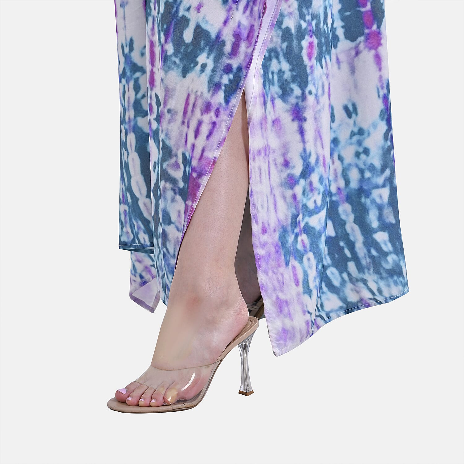 Closeout Deal  V-Neck Tie-Dye Stripe Pattern-Mid-Sleeve Dress