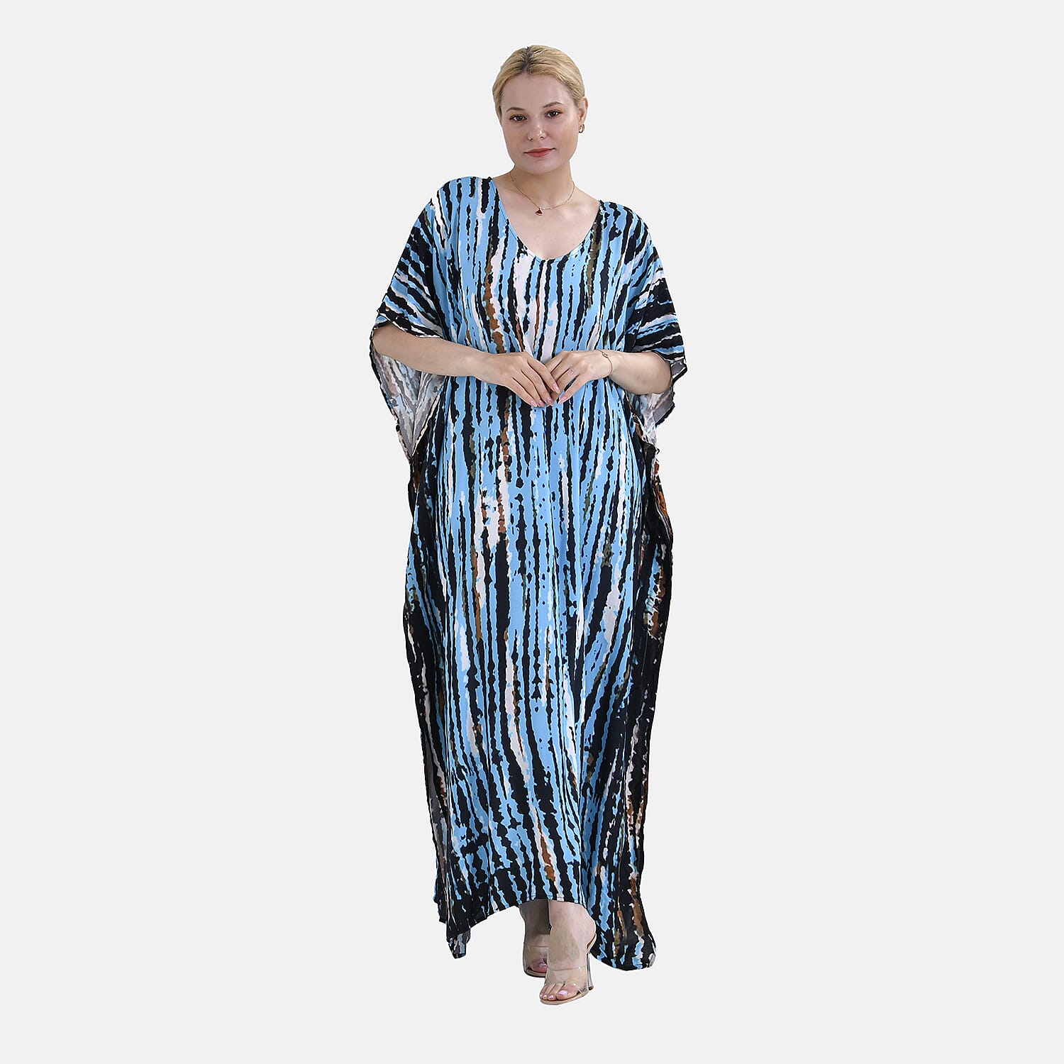 Closeout Deal 100% Viscose V-Neck Tie-Dye Stripe Pattern-Mid-Sleeve Dress (One Size) (8 TO 20) -  Green - Black