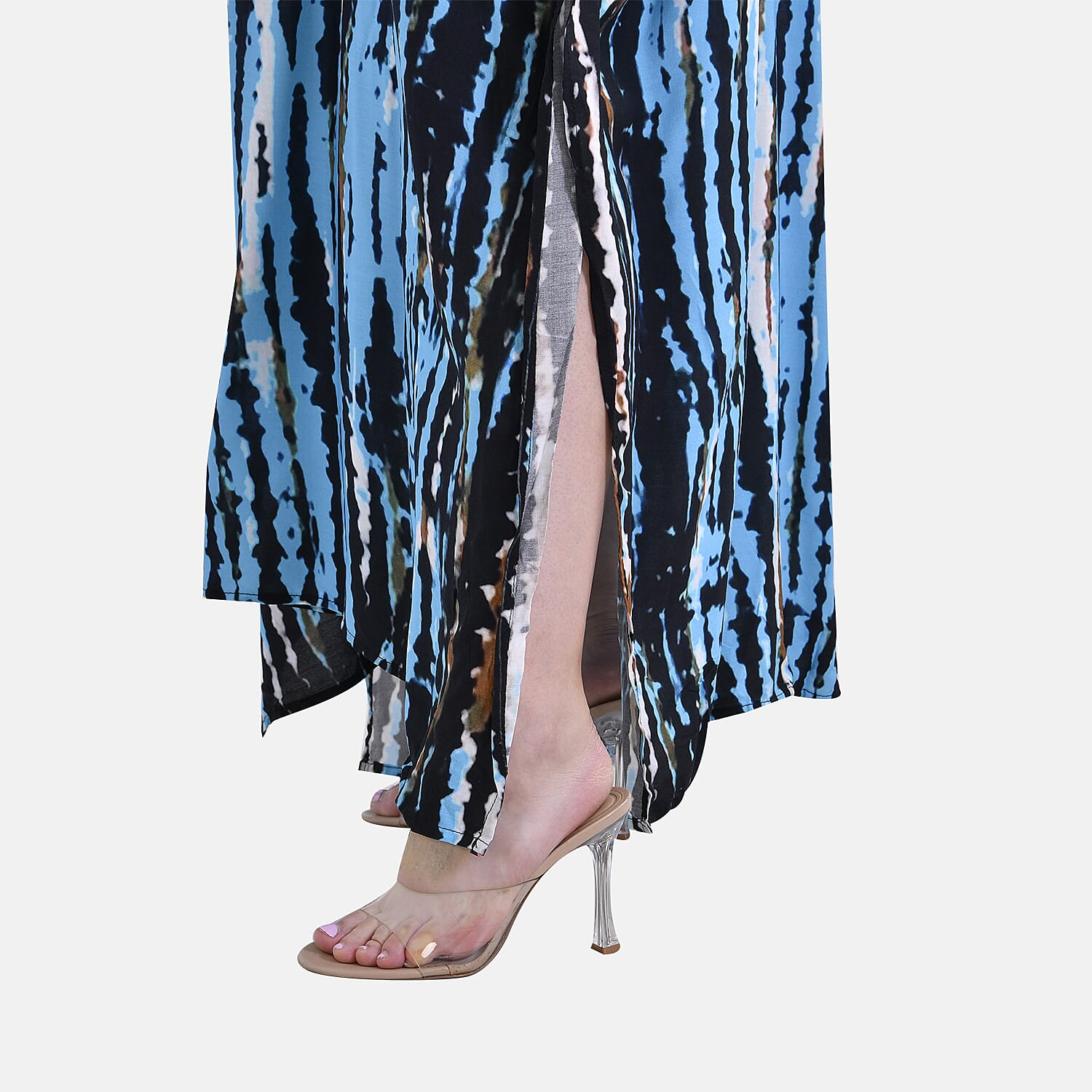 Closeout Deal 100% Viscose V-Neck Tie-Dye Stripe Pattern-Mid-Sleeve Dress (One Size) (8 TO 20) -  Green - Black