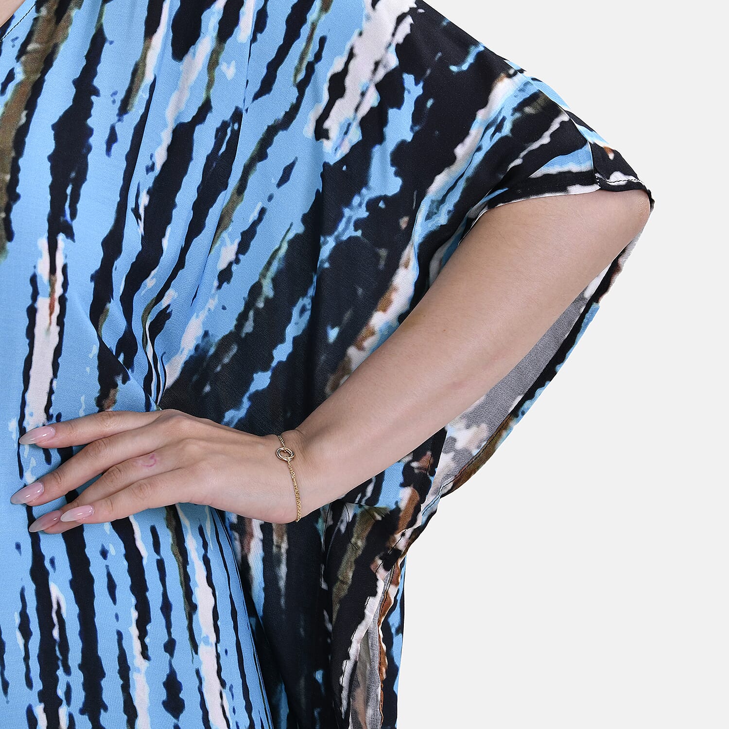 Closeout Deal 100% Viscose V-Neck Tie-Dye Stripe Pattern-Mid-Sleeve Dress (One Size) (8 TO 20) -  Green - Black
