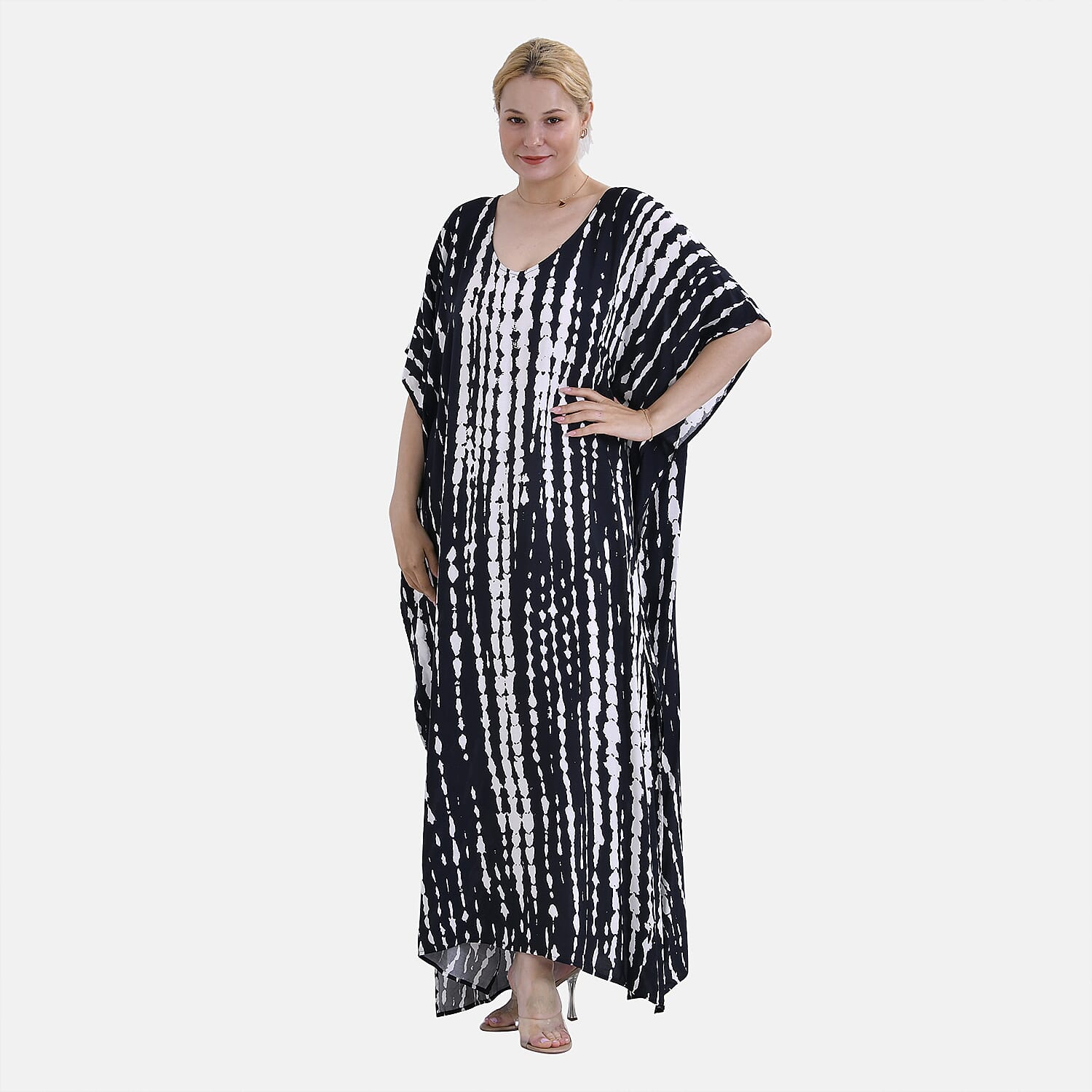 Closeout Deal 100% Viscose V-Neck Tie-Dye Stripe Pattern-Mid-Sleeve Dress (One Size) (8 TO 20) -  Black - White