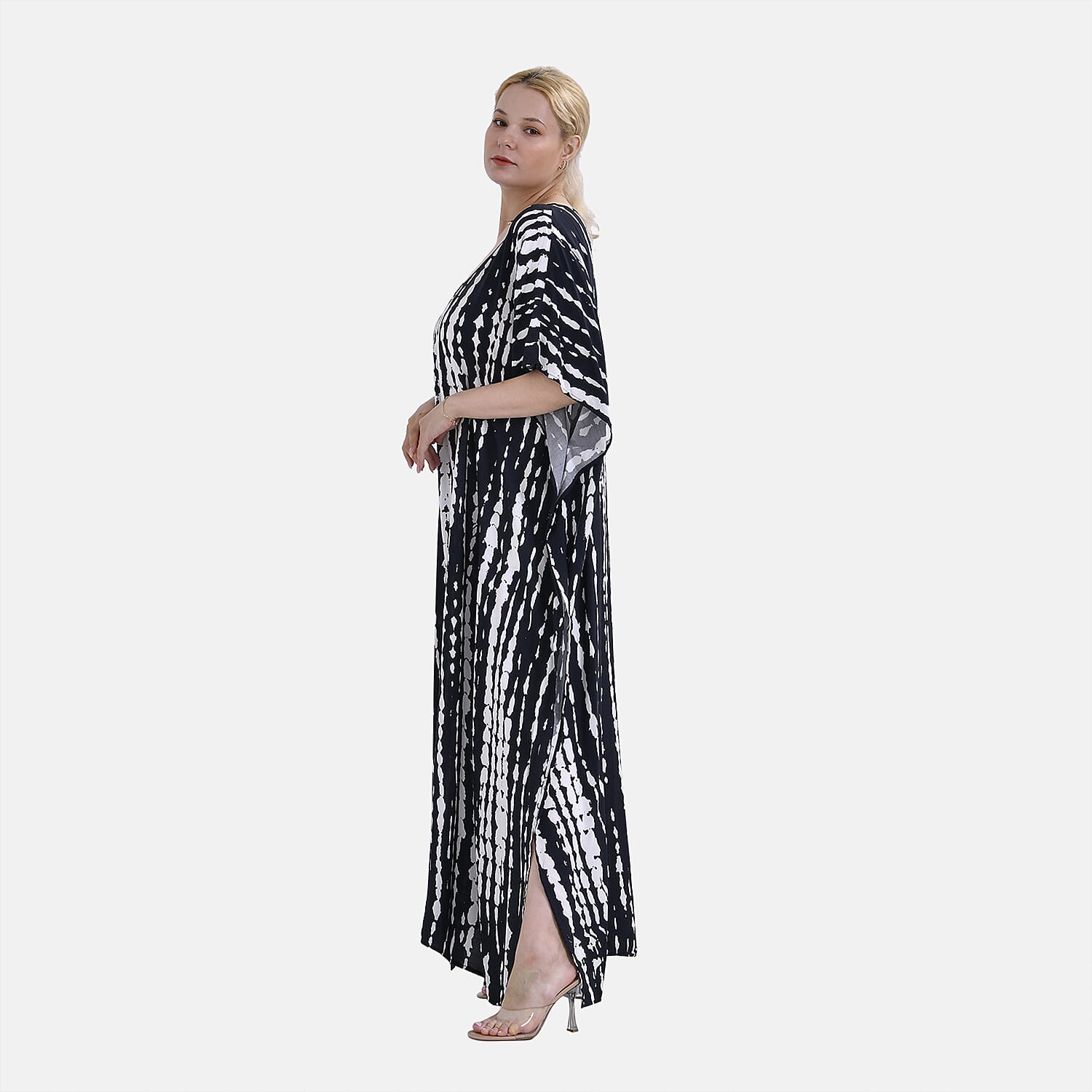 Closeout Deal 100% Viscose V-Neck Tie-Dye Stripe Pattern-Mid-Sleeve Dress (One Size) (8 TO 20) -  Black - White