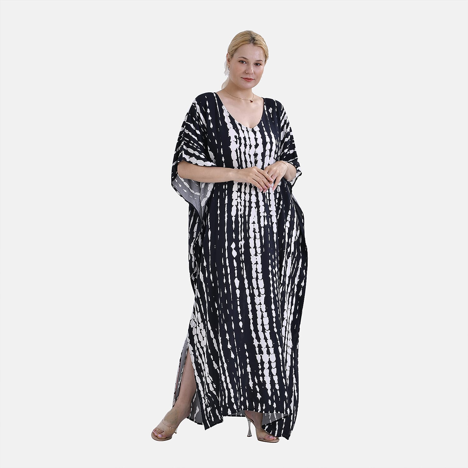 Closeout Deal 100% Viscose V-Neck Tie-Dye Stripe Pattern-Mid-Sleeve Dress (One Size) (8 TO 20) -  Black - White