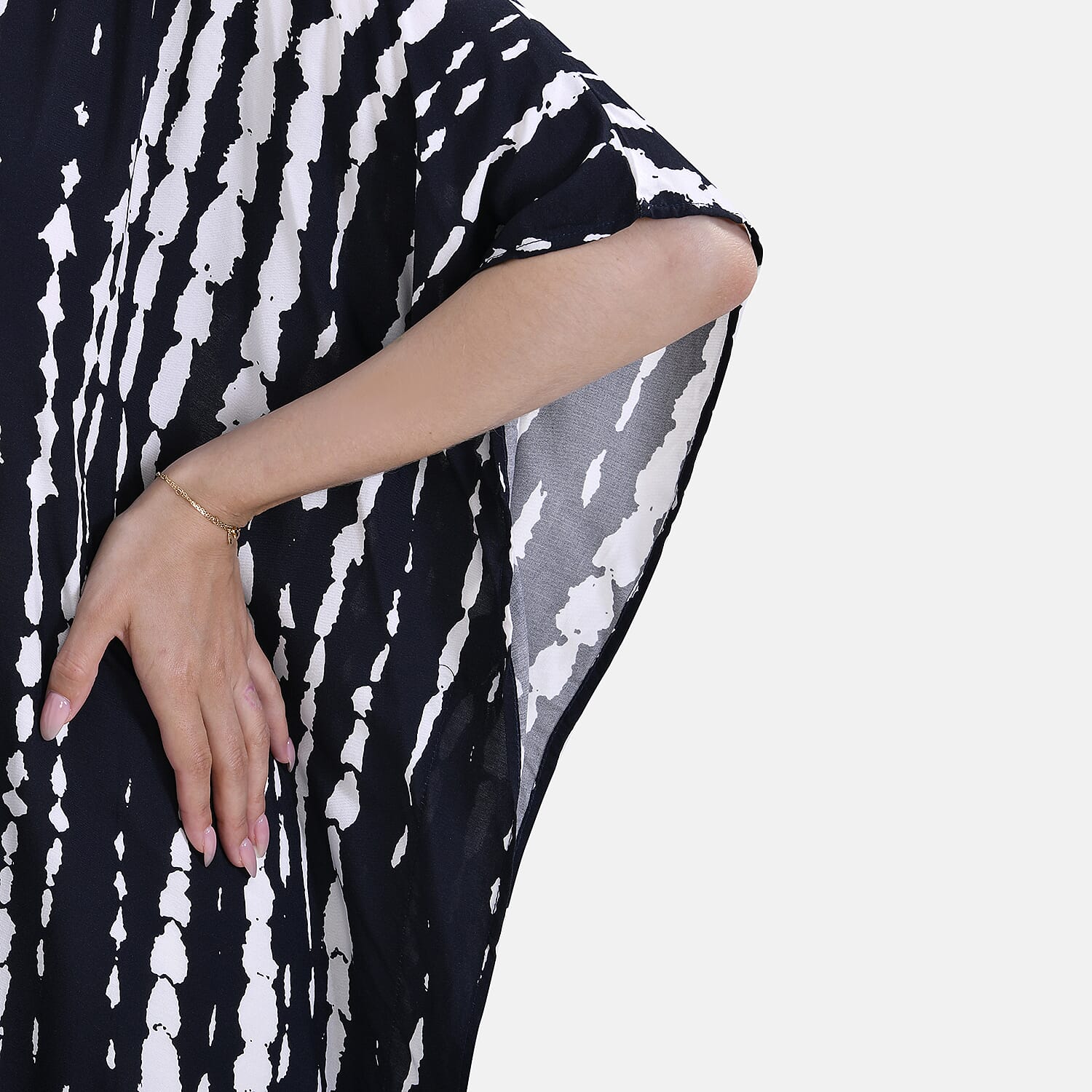 Closeout Deal 100% Viscose V-Neck Tie-Dye Stripe Pattern-Mid-Sleeve Dress (One Size) (8 TO 20) -  Black - White