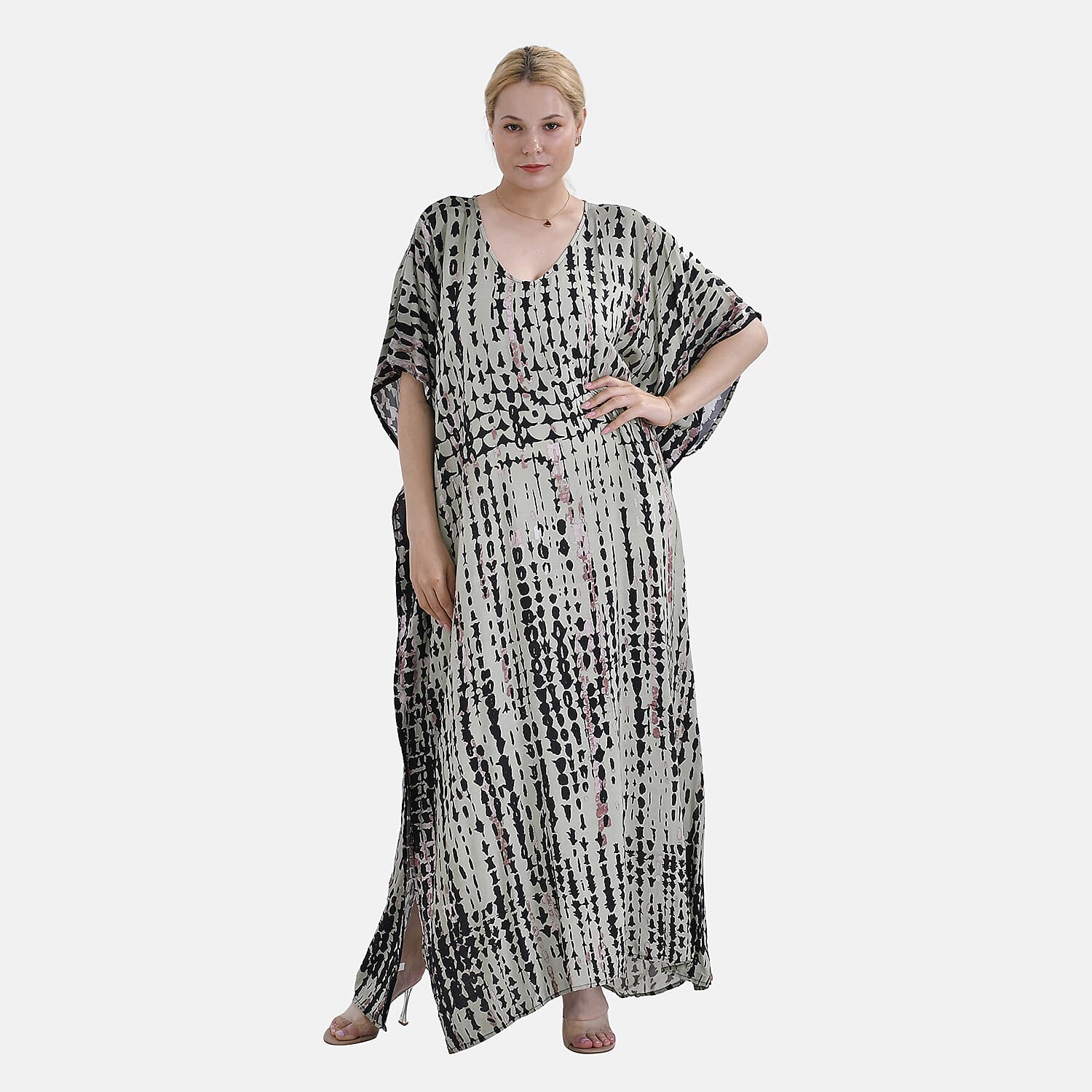 Closeout Deal 100% Viscose V-Neck Tie-Dye Stripe Pattern-Mid-Sleeve Dress (One Size) (8 TO 20) -  Green - Brown
