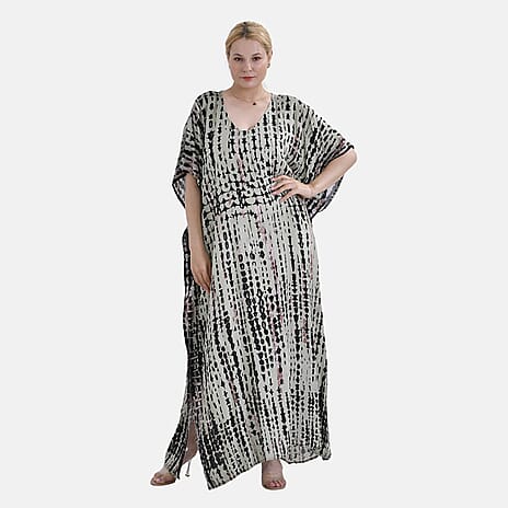 Closeout Deal 100% Viscose V-Neck Tie-Dye Stripe Pattern-Mid-Sleeve Dress (One Size) (8 TO 20) -  Green - Brown