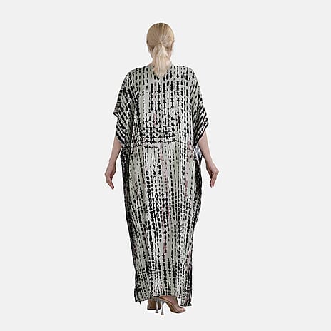 Closeout Deal 100% Viscose V-Neck Tie-Dye Stripe Pattern-Mid-Sleeve Dress (One Size) (8 TO 20) -  Green - Brown