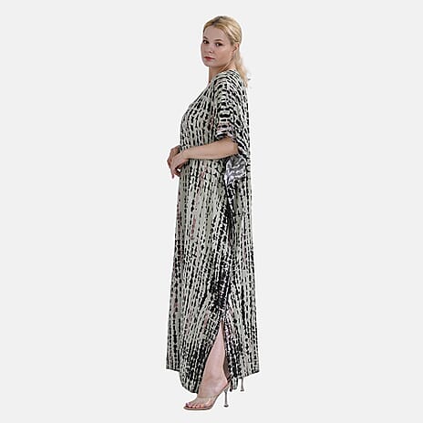 Closeout Deal 100% Viscose V-Neck Tie-Dye Stripe Pattern-Mid-Sleeve Dress (One Size) (8 TO 20) -  Green - Brown