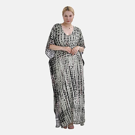 Closeout Deal 100% Viscose V-Neck Tie-Dye Stripe Pattern-Mid-Sleeve Dress (One Size) (8 TO 20) -  Green - Brown