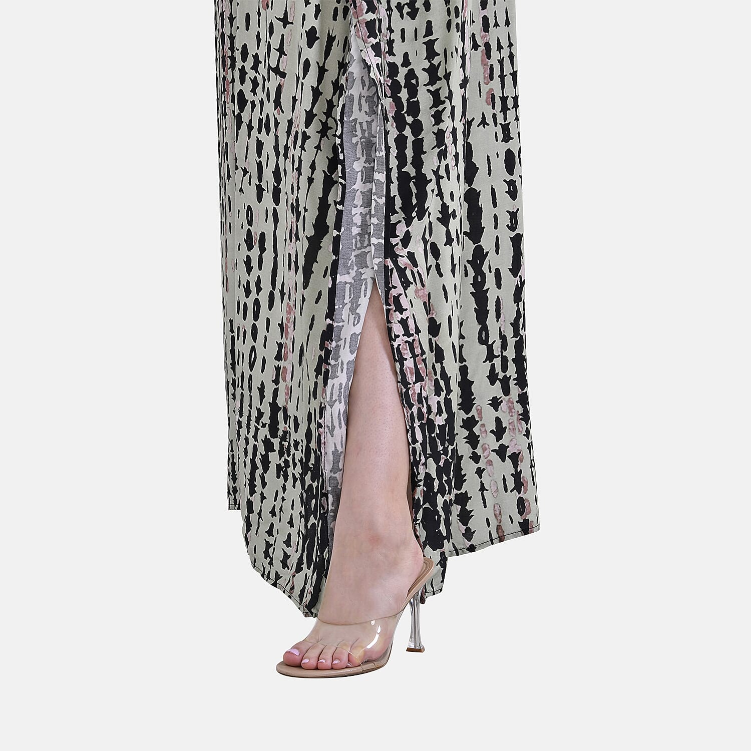 Closeout Deal 100% Viscose V-Neck Tie-Dye Stripe Pattern-Mid-Sleeve Dress (One Size) (8 TO 20) -  Green - Brown