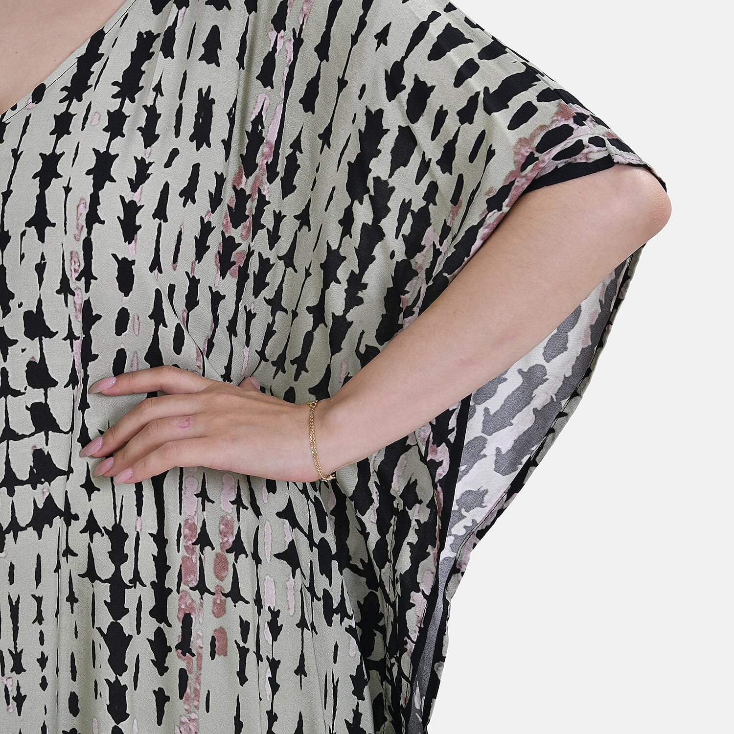 Closeout Deal 100% Viscose V-Neck Tie-Dye Stripe Pattern-Mid-Sleeve Dress (One Size) (8 TO 20) -  Green - Brown