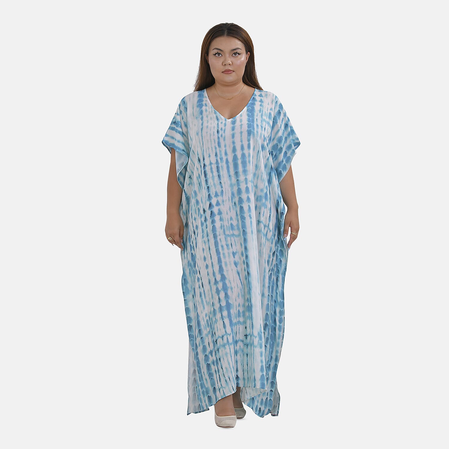 Closeout Deal 100% Viscose V-Neck Tie-Dye Stripe Pattern Mid-Sleeve Dress (One Size) (8 TO 20) -  Blue - White