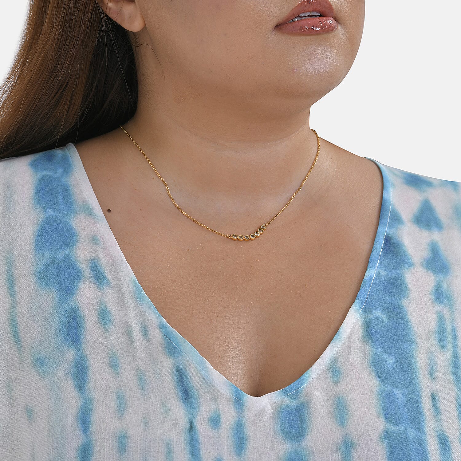 Closeout Deal 100% Viscose V-Neck Tie-Dye Stripe Pattern Mid-Sleeve Dress (One Size) (8 TO 20) -  Blue - White