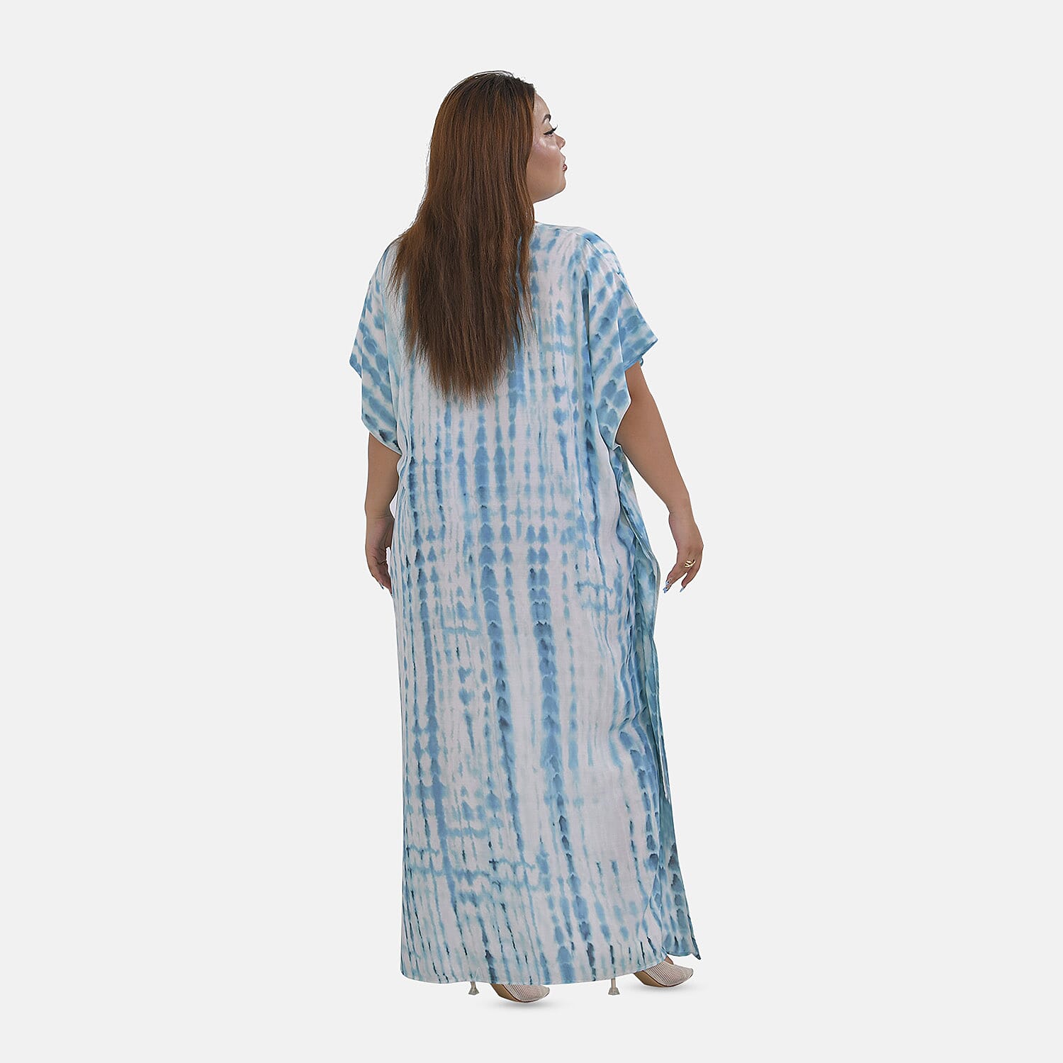 Closeout Deal 100% Viscose V-Neck Tie-Dye Stripe Pattern Mid-Sleeve Dress (One Size) (8 TO 20) -  Blue - White