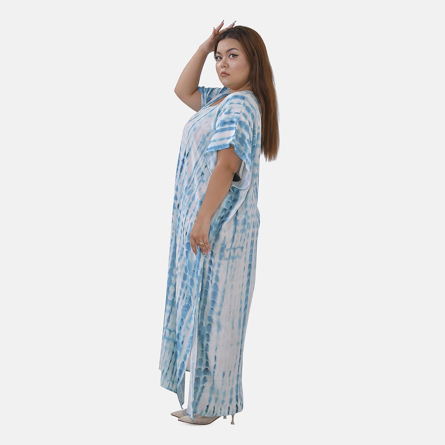 Closeout Deal 100% Viscose V-Neck Tie-Dye Stripe Pattern Mid-Sleeve Dress (One Size) (8 TO 20) -  Blue - White