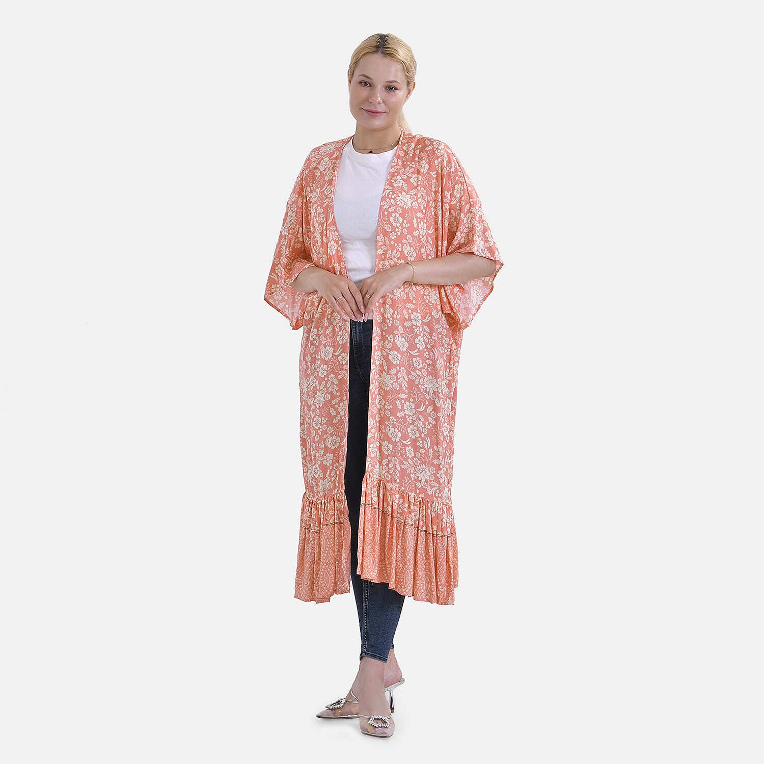 Closeout Deal Floral Printed Long Kimono With Ruffled Hem (Size 110x80 Cm) - Peach