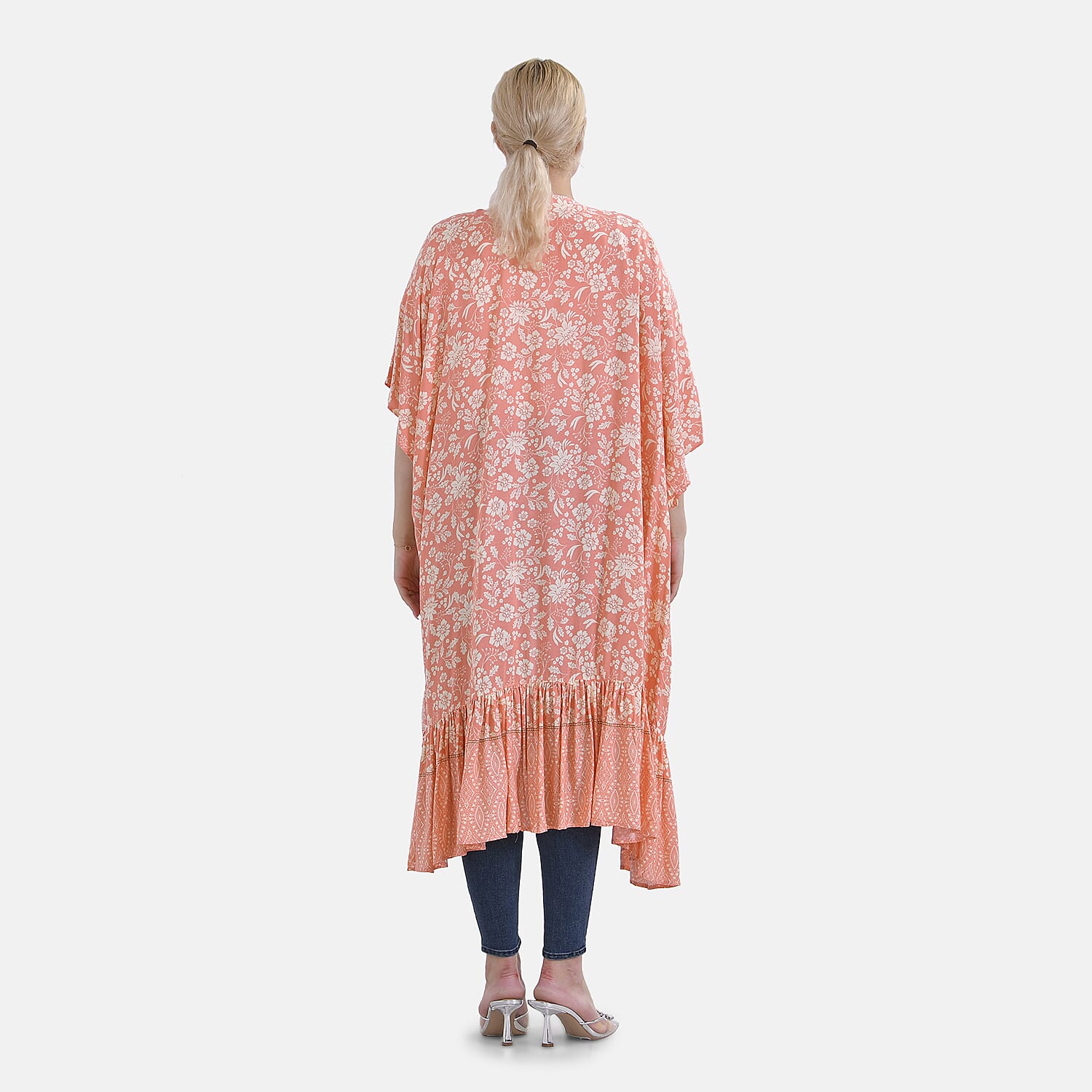 Closeout Deal Floral Printed Long Kimono With Ruffled Hem (Size 110x80 Cm) - Peach