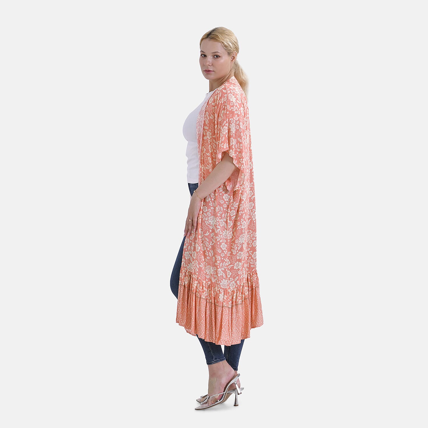 Closeout Deal Floral Printed Long Kimono With Ruffled Hem (Size 110x80 Cm) - Peach