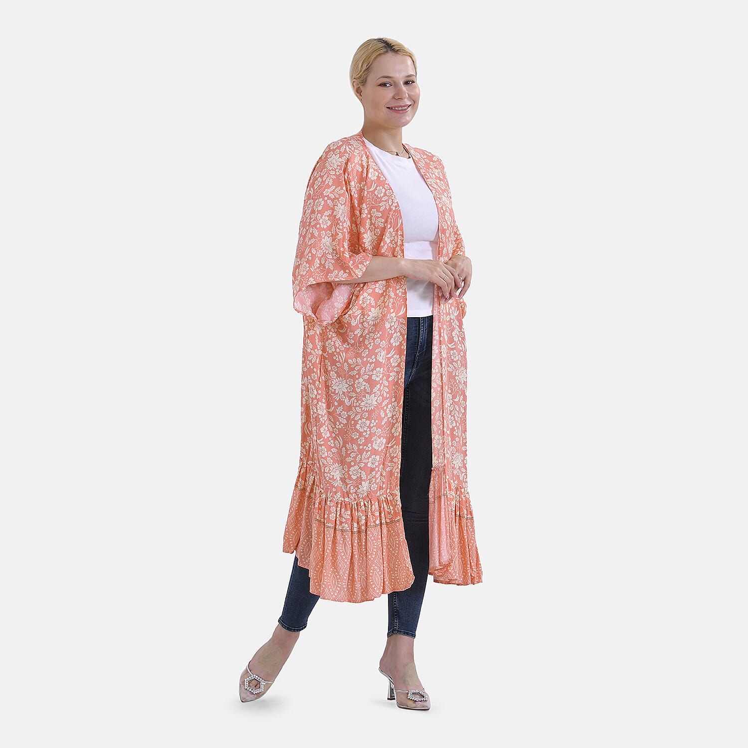 Closeout Deal Floral Printed Long Kimono With Ruffled Hem (Size 110x80 Cm) - Peach