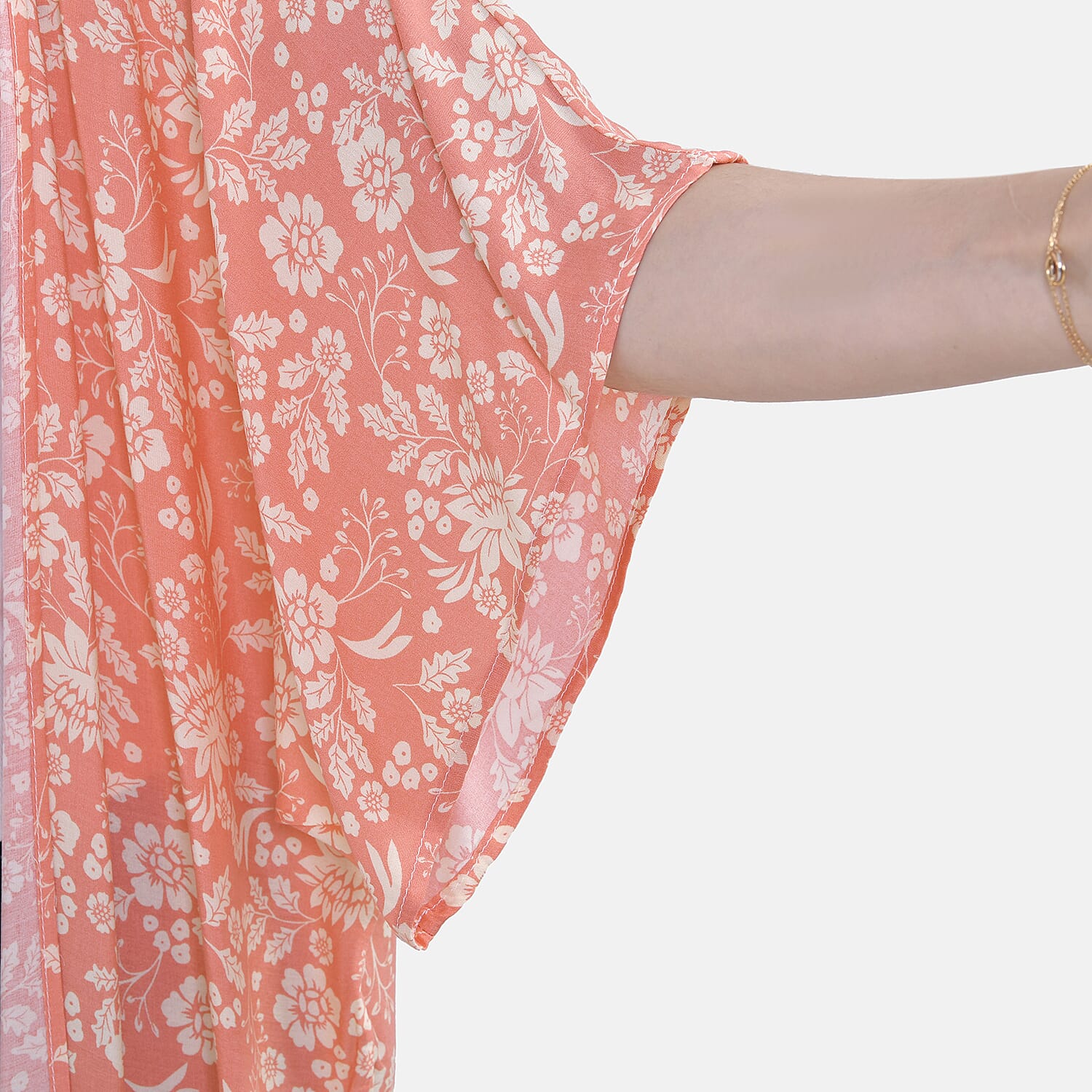 Closeout Deal Floral Printed Long Kimono With Ruffled Hem (Size 110x80 Cm) - Peach
