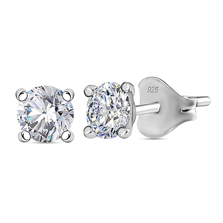 Round 5mm Moissanite Solitaire Stud Earrings in Rhodium Overlay Sterling Silver