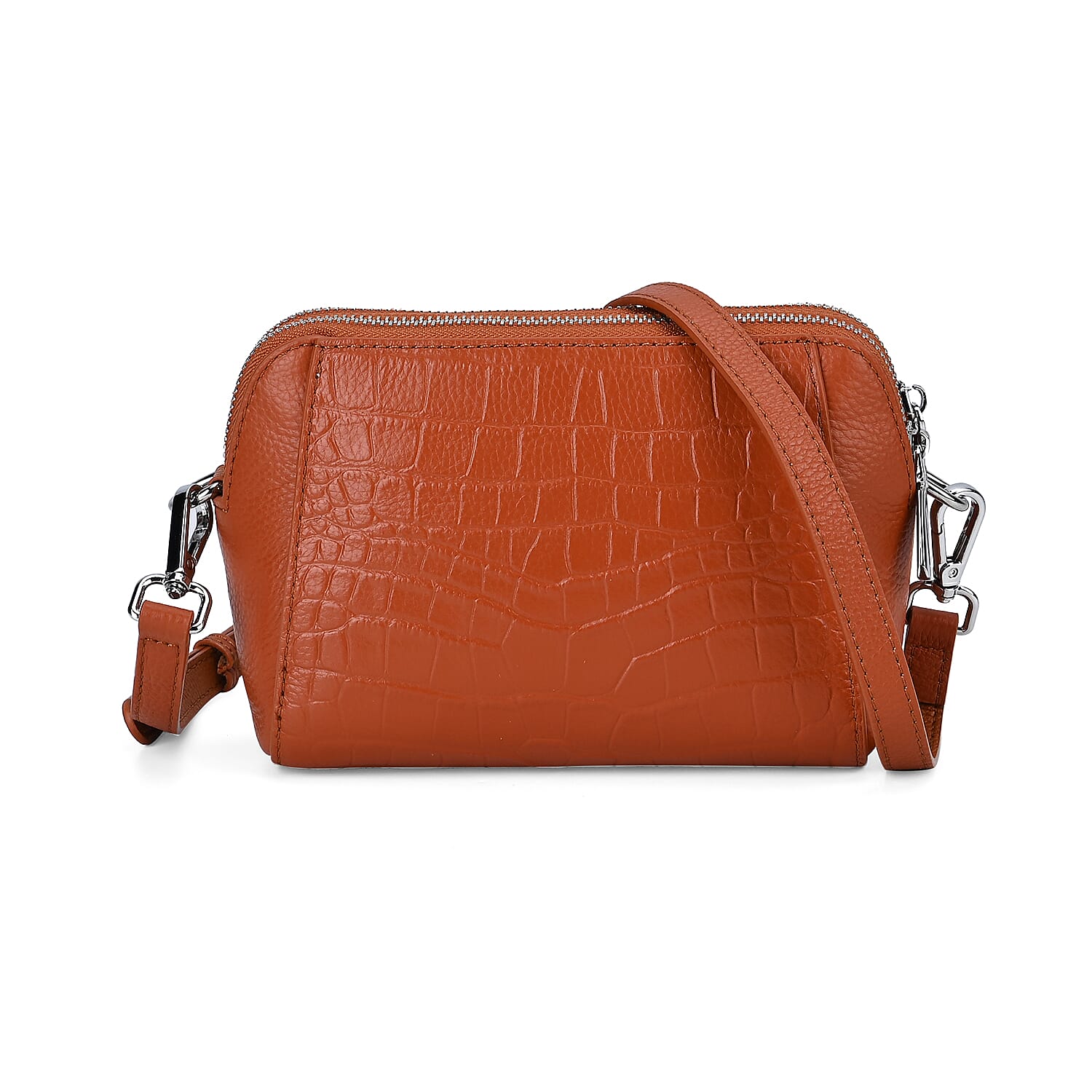 Leather Croco Embossed Crossbody Bag (Size 18x8x14 cm) - Tan