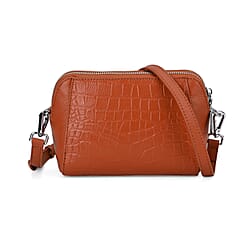 Leather Croco Embossed Crossbody Bag (Size 18x8x14 cm) - Tan