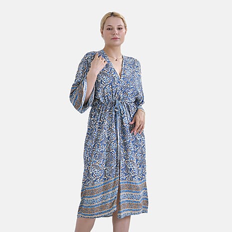 Viscose Wrap Style Exclusive Floral Print Wrapover (One Size) - Blue - White