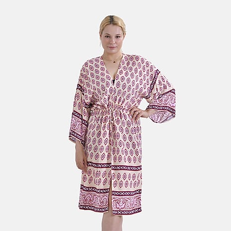 Tamsy Floral Paisley Tie Waist Kimono Dress (Onesize) - Pink & White