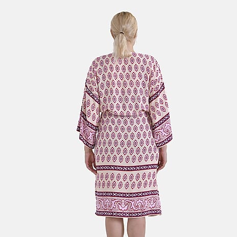 Tamsy Floral Paisley Tie Waist Kimono Dress (Onesize) - Pink & White