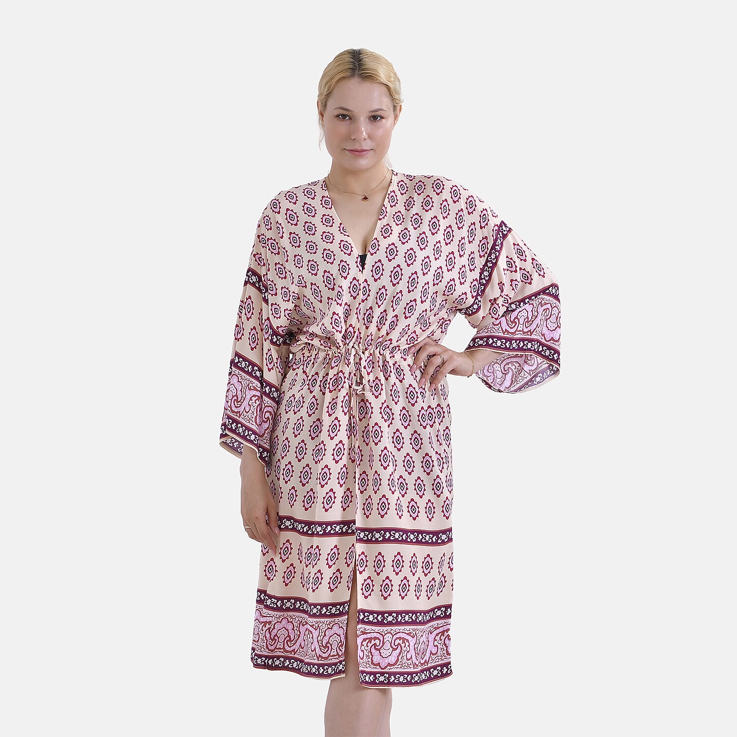 Tamsy Floral Paisley Tie Waist Kimono Dress (Onesize) - Pink & White