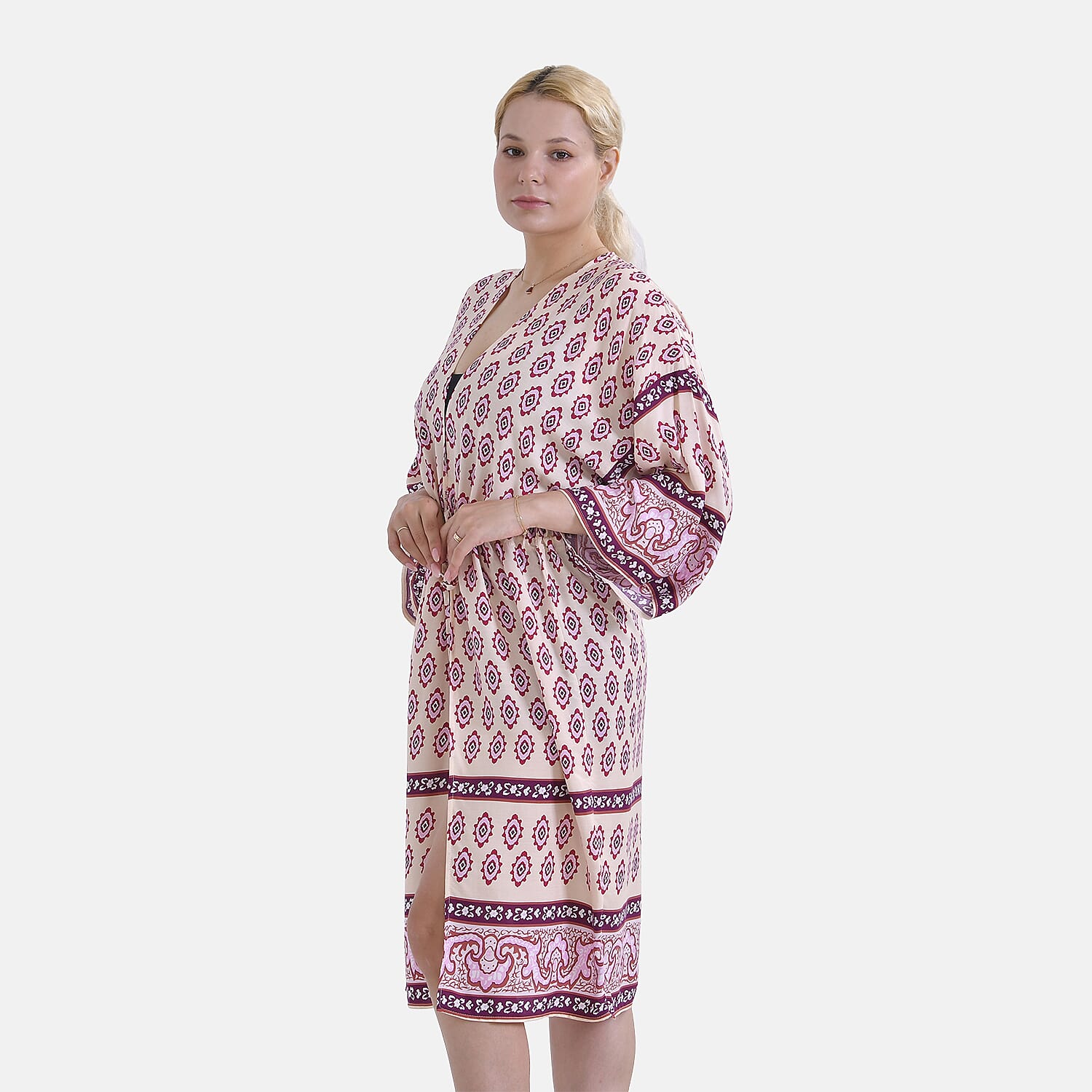 Tamsy Floral Paisley Tie Waist Kimono Dress (Onesize) - Pink & White