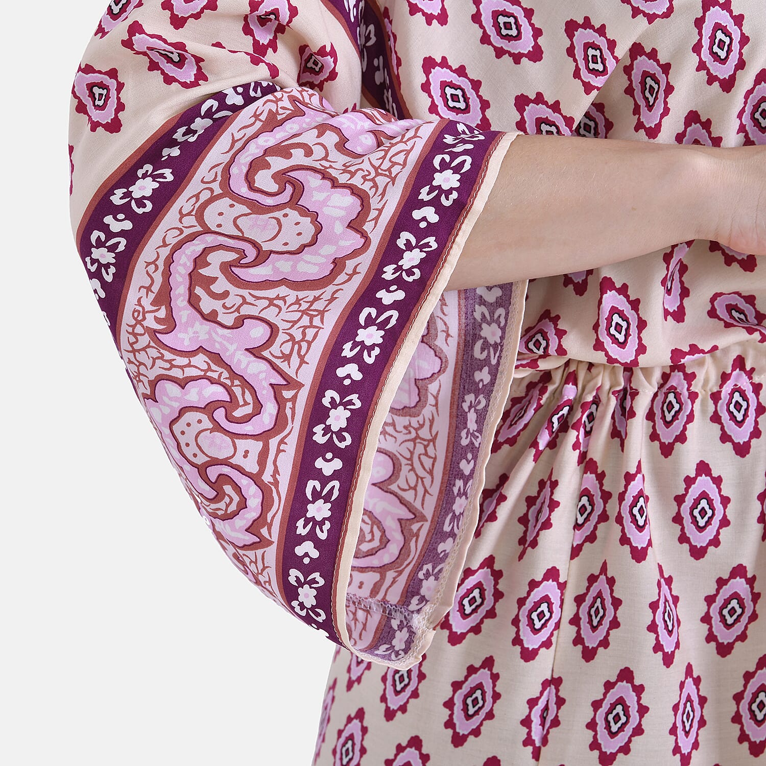 Tamsy Floral Paisley Tie Waist Kimono Dress (Onesize) - Pink & White