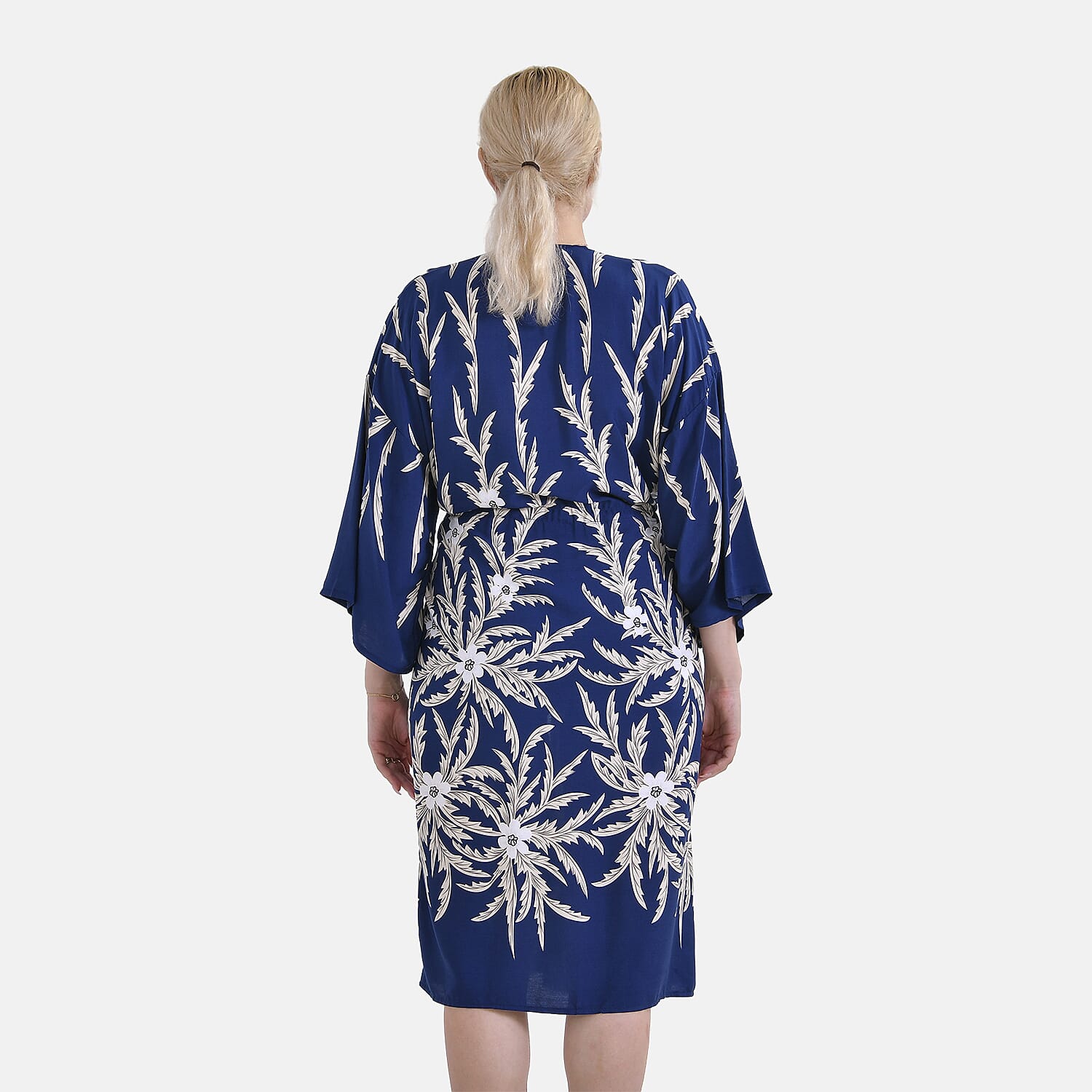 Tamsy Palm Print Tie Waist Kimono Dress (Onesize) - Black & White