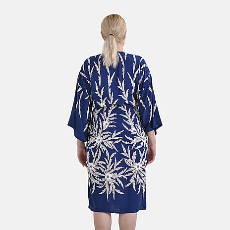 Tamsy Palm Print Tie Waist Kimono Dress (Onesize) - Black & White