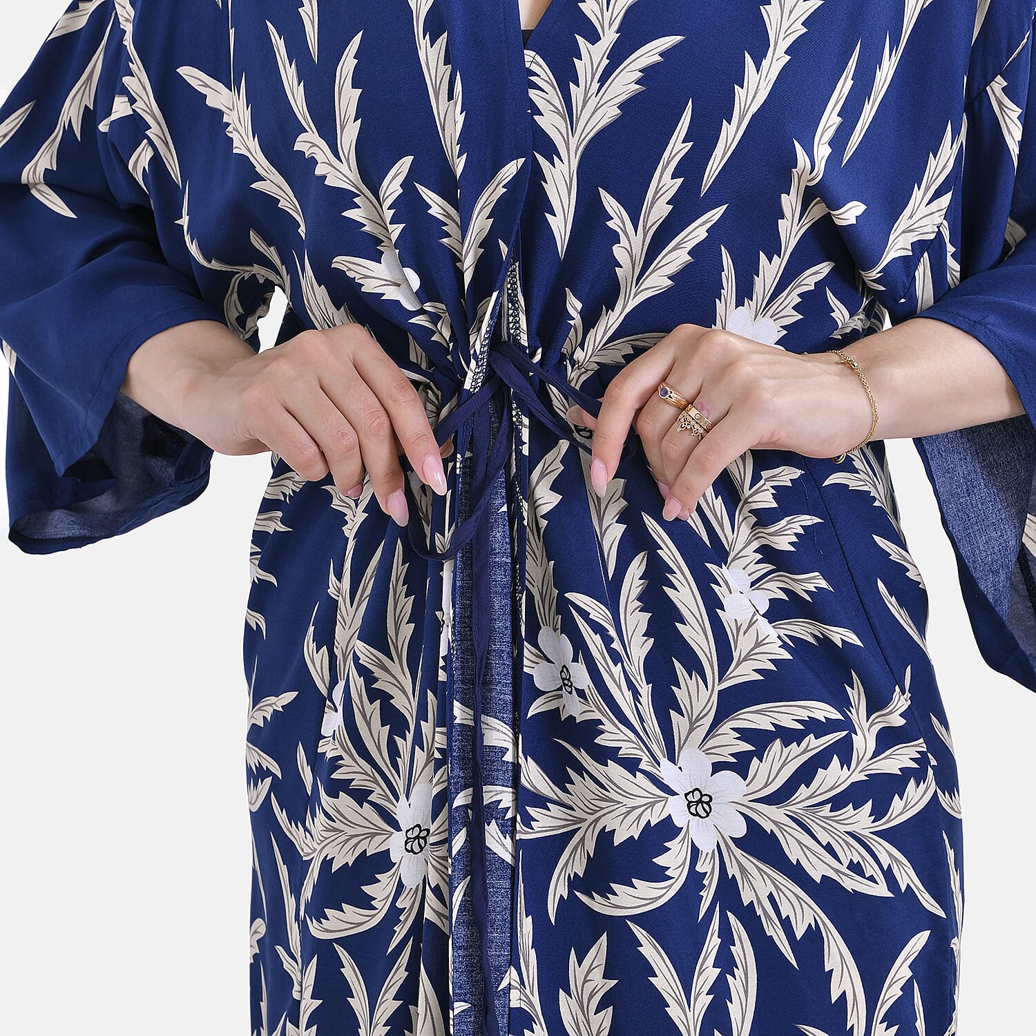 Tamsy Palm Print Tie Waist Kimono Dress (Onesize) - Black & White