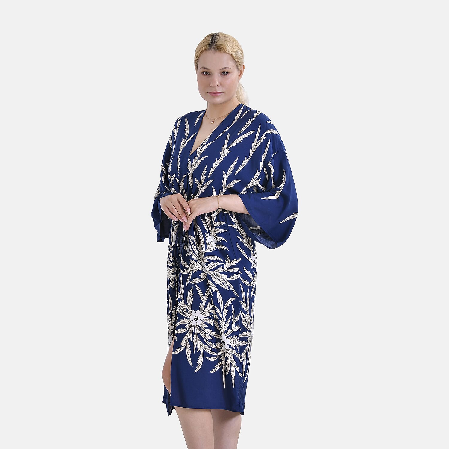 Tamsy Palm Print Tie Waist Kimono Dress (Onesize) - Black & White