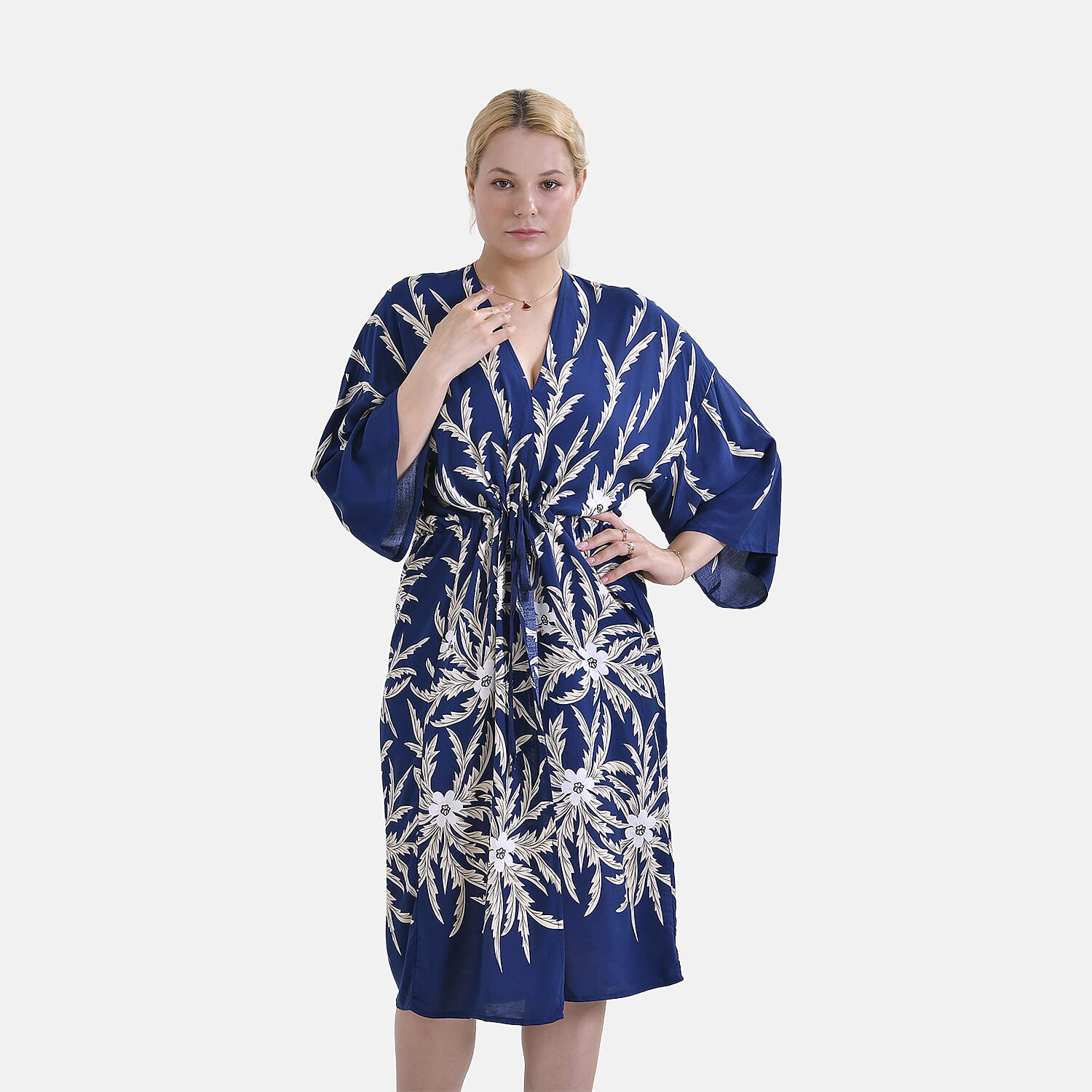 Tamsy Palm Print Tie Waist Kimono Dress (Onesize) - Black & White