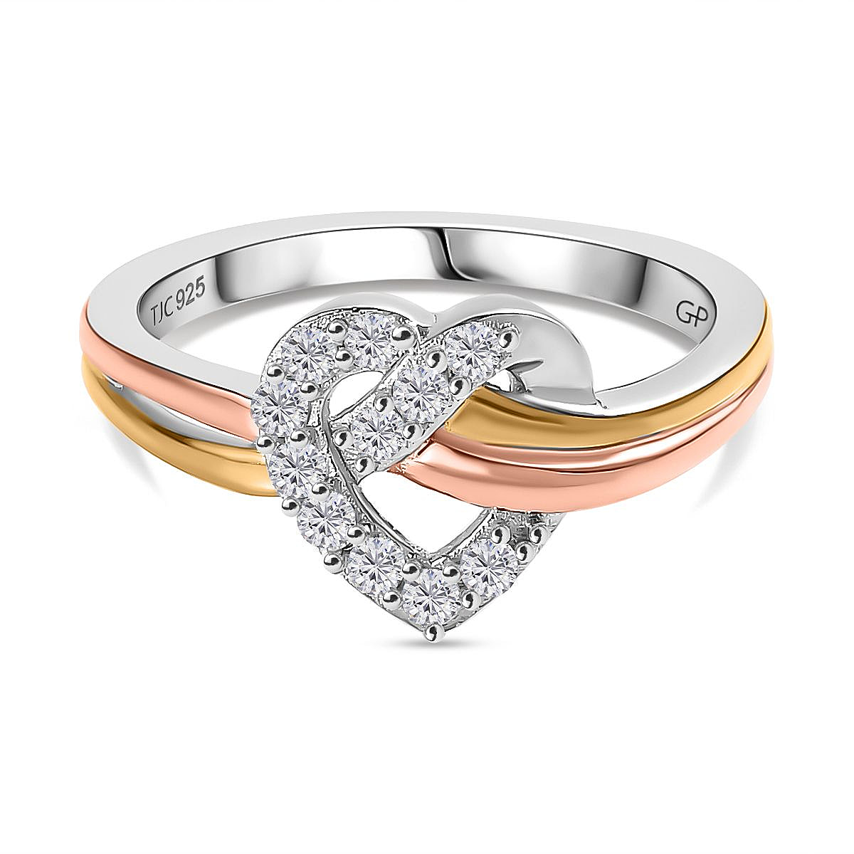 GP Collection - Moissanite Heart Knot Ring in Platinum and 18K Vermeil Yellow and Rose Gold Plated Sterling Silver 0.24 ct  0.236  Ct.