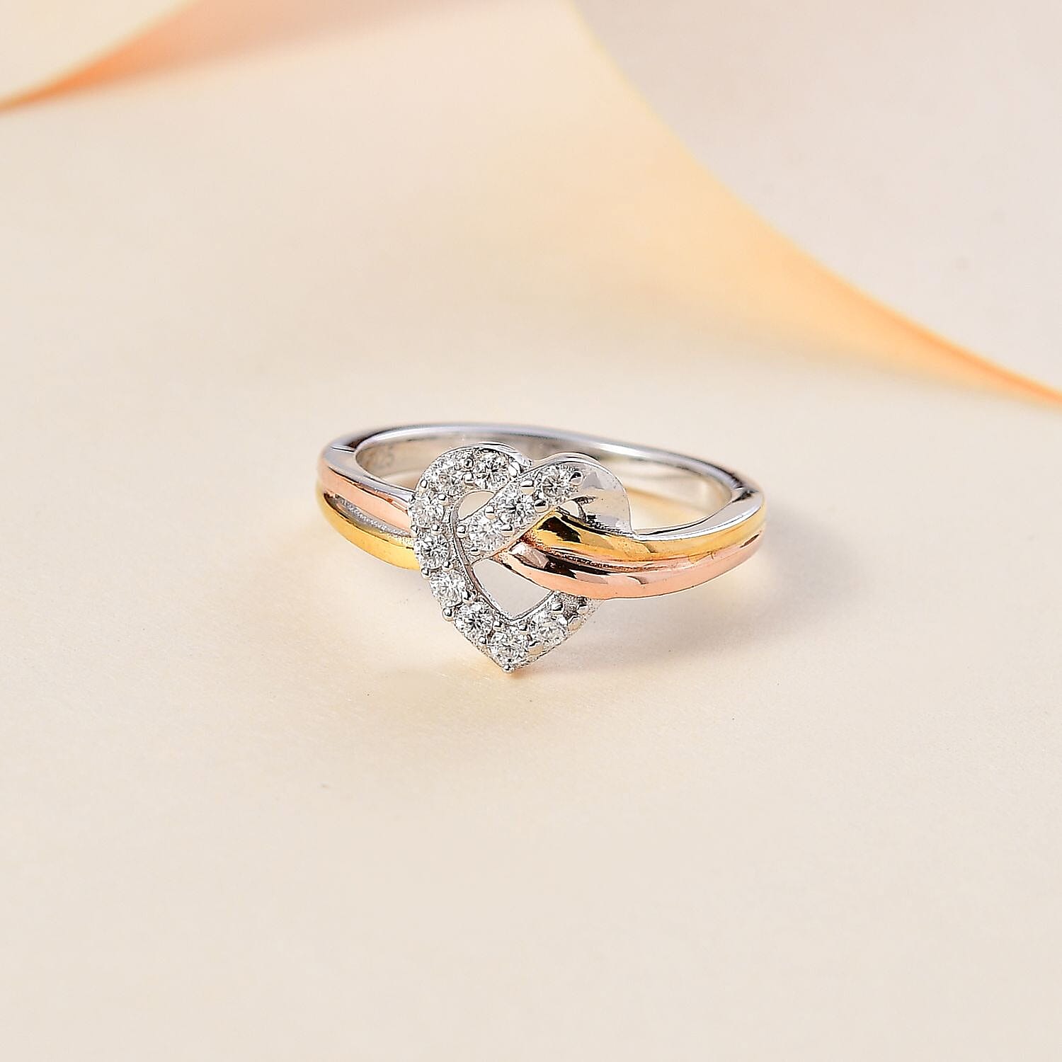 GP - Moissanite Heart Ring in 18K Vermeil YG, RG & Platinum Plated Sterling Silver