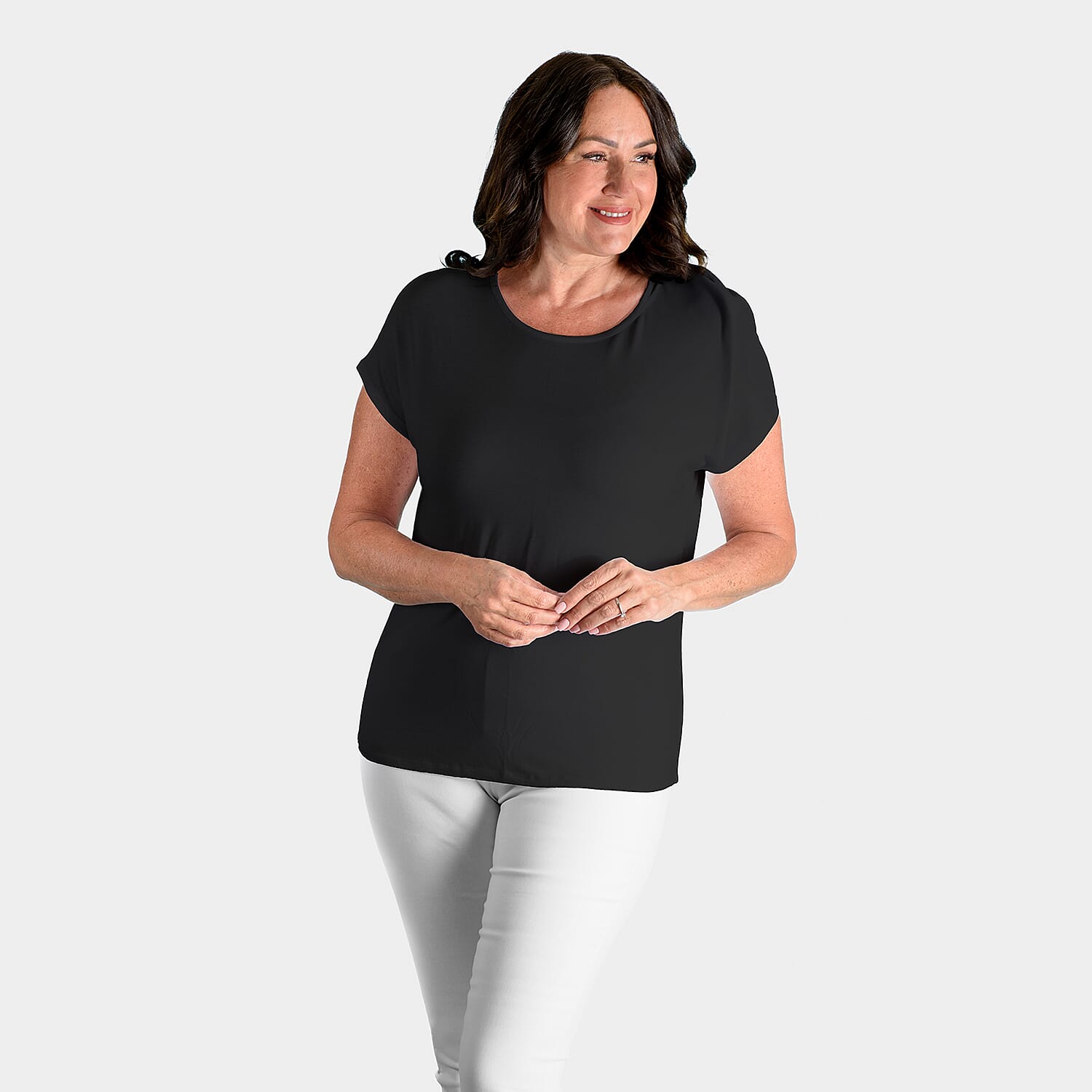 Emelia Viscose Round Neck Solid Top with Short Sleeve (Size L) - Black