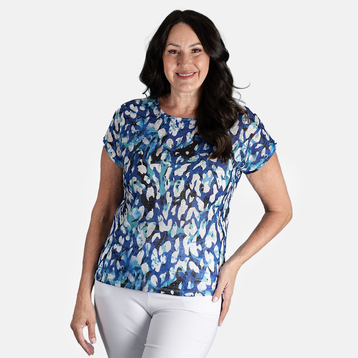 Emelia Printed Top with Short Sleeve (Size L) - Blue