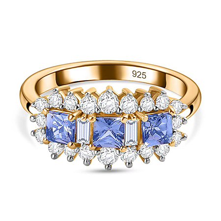 Tanzanite and Natural Zircon Cluster Ring in 18K Yellow Gold Vermeil Plated Sterling Silver 1.70 Ct