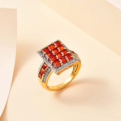 Salamanca Fire Opal & Zircon Ring in 18K Gold Vermeil Sterling Silver 2.67 Ct.