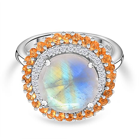 Moon Glow Moonstone, Fire Opal & Natural Zircon Halo Ring in Rhodium Overlay Sterling Silver 4.40 Ct.