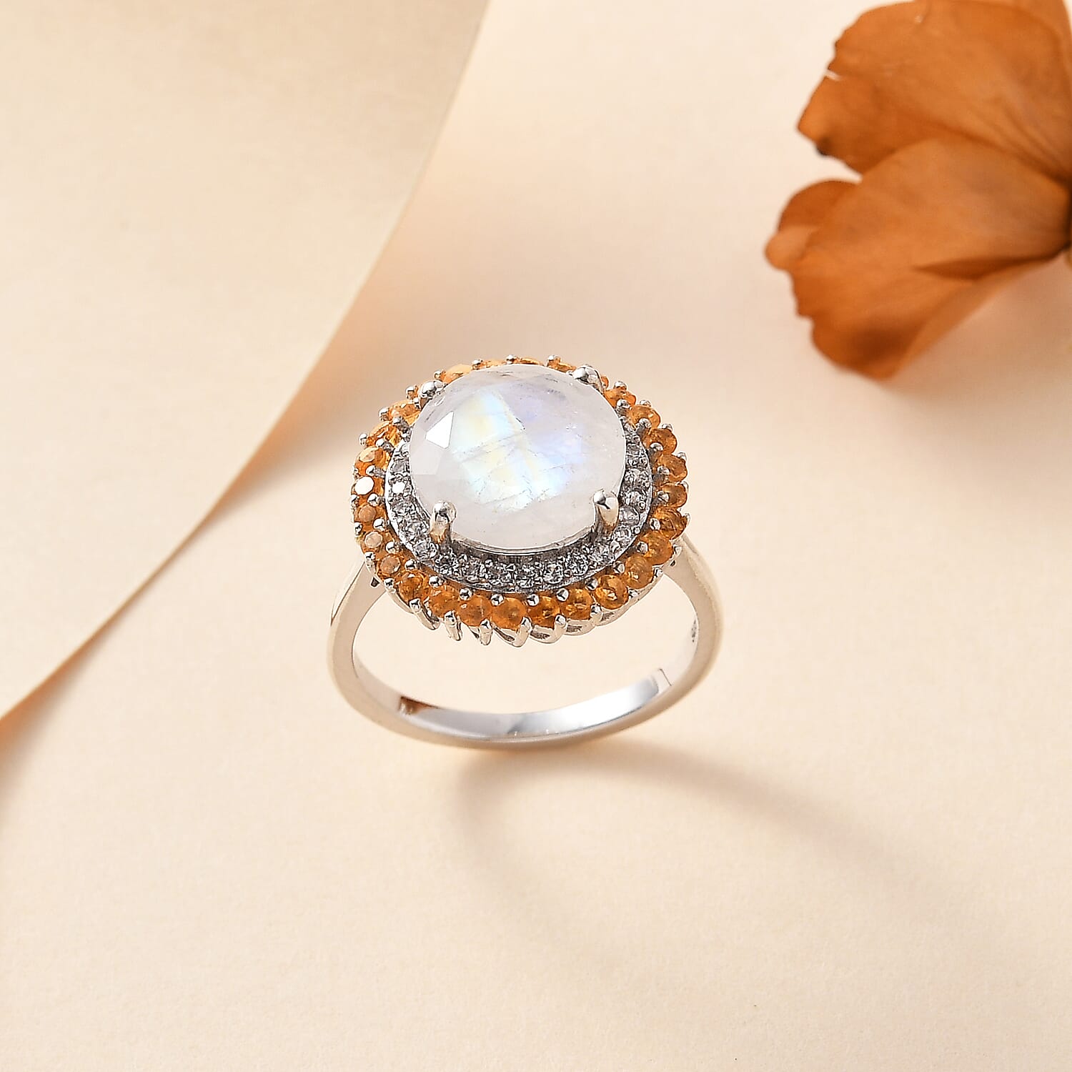 Moon Glow Moonstone, Fire Opal & Natural Zircon Halo Ring in Rhodium Overlay Sterling Silver 4.40 Ct.