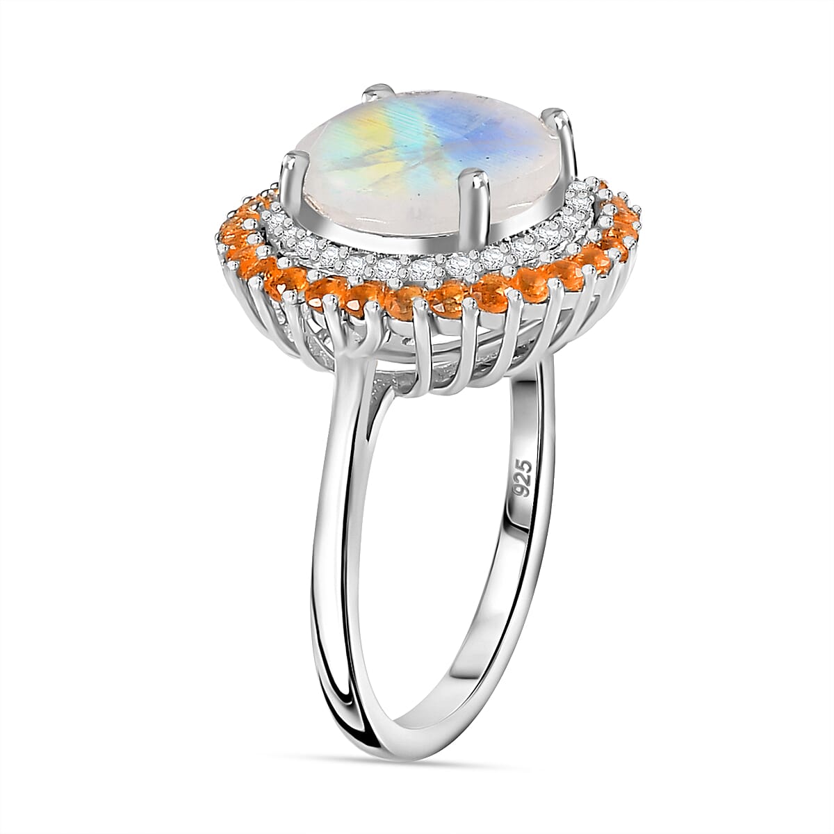 Moon Glow Moonstone, Fire Opal & Natural Zircon Halo Ring in Rhodium Overlay Sterling Silver 4.40 Ct.